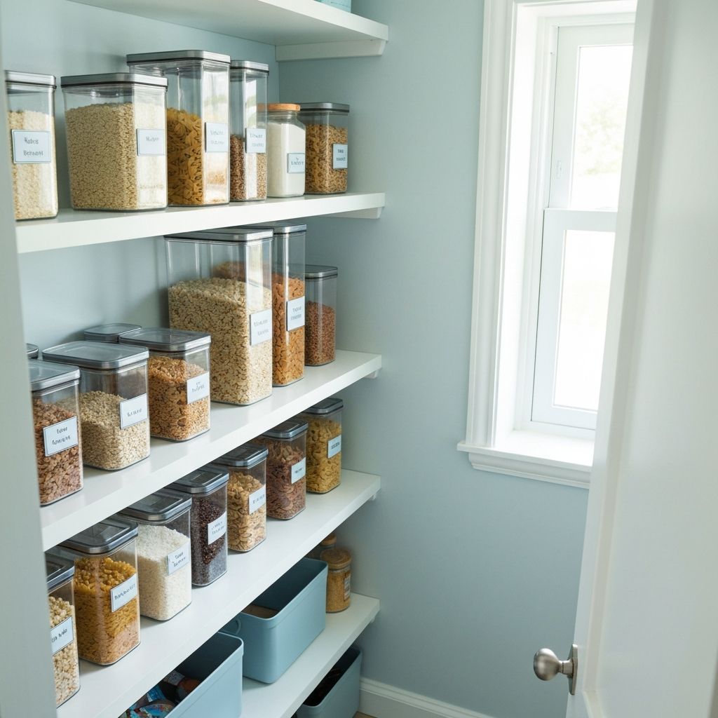 A well-organized kitchen pantry with clear containers