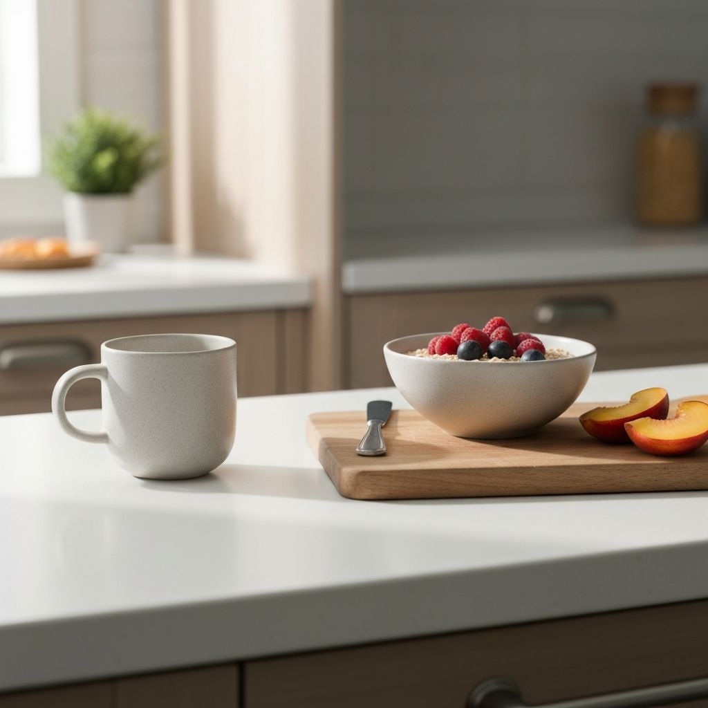 A peaceful morning kitchen scene with breakfast preparation