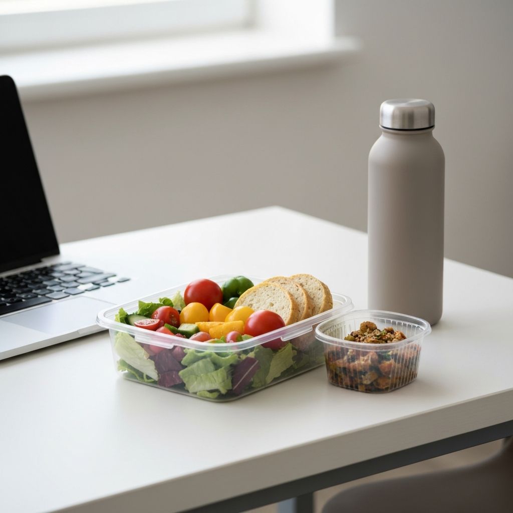 An office desk with a healthy lunch setup